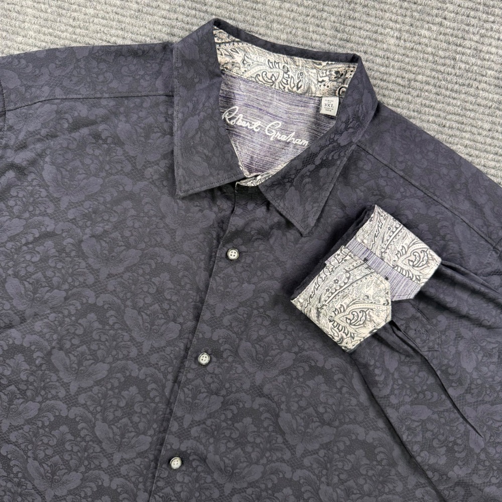 Robert Graham Black Damask Jacquard Button Down Shirt Mens 3XL Paisley Cuffs
